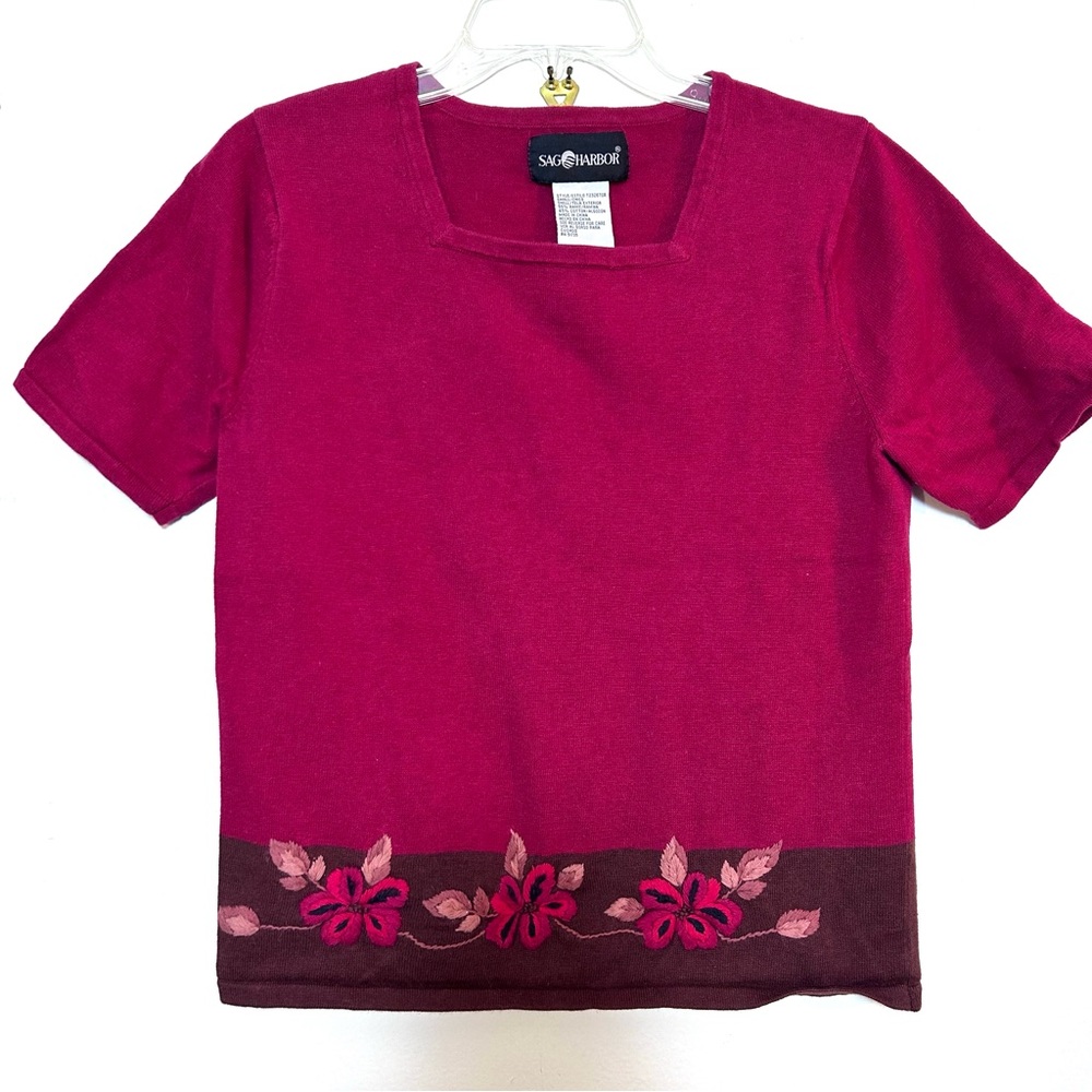 Vintage Sag Harbor Short Sleeved Square Neck Embroidered Boho Sweater S